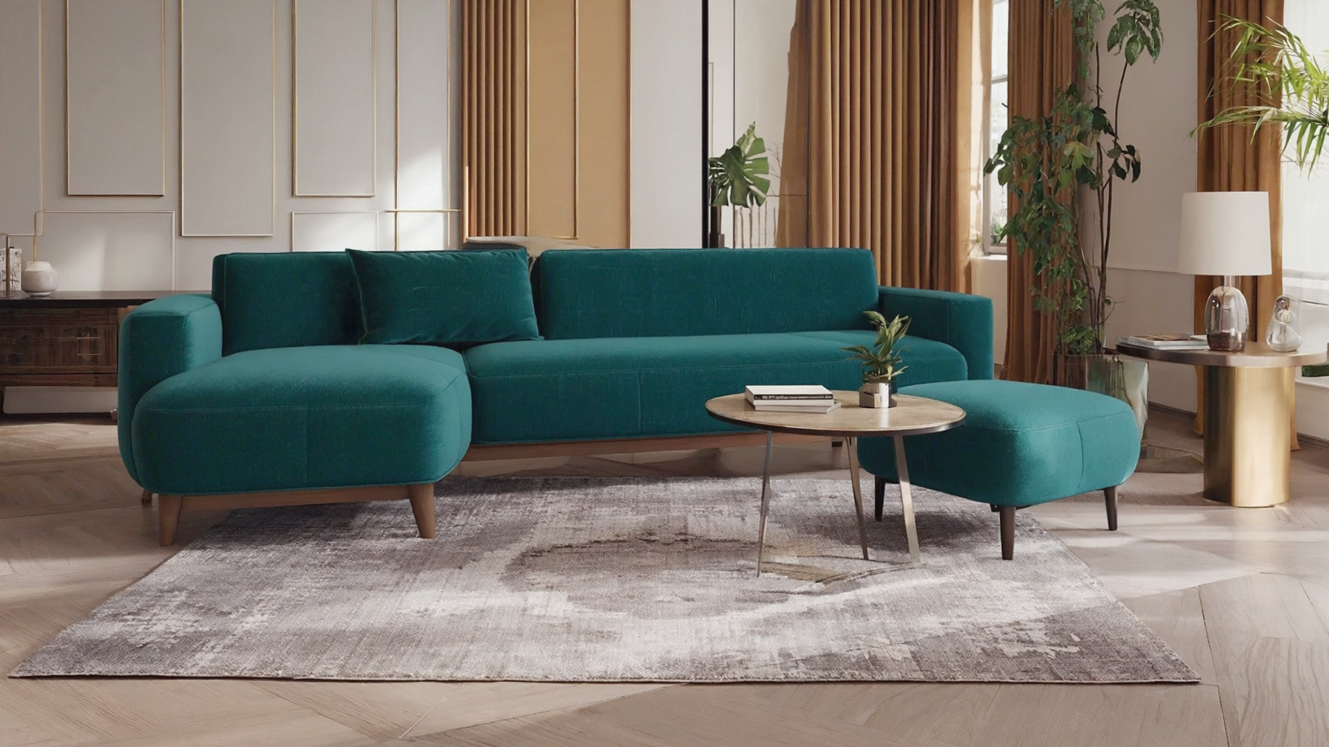 Neutral textured rug paired with a green sofa in a premium modern living room.