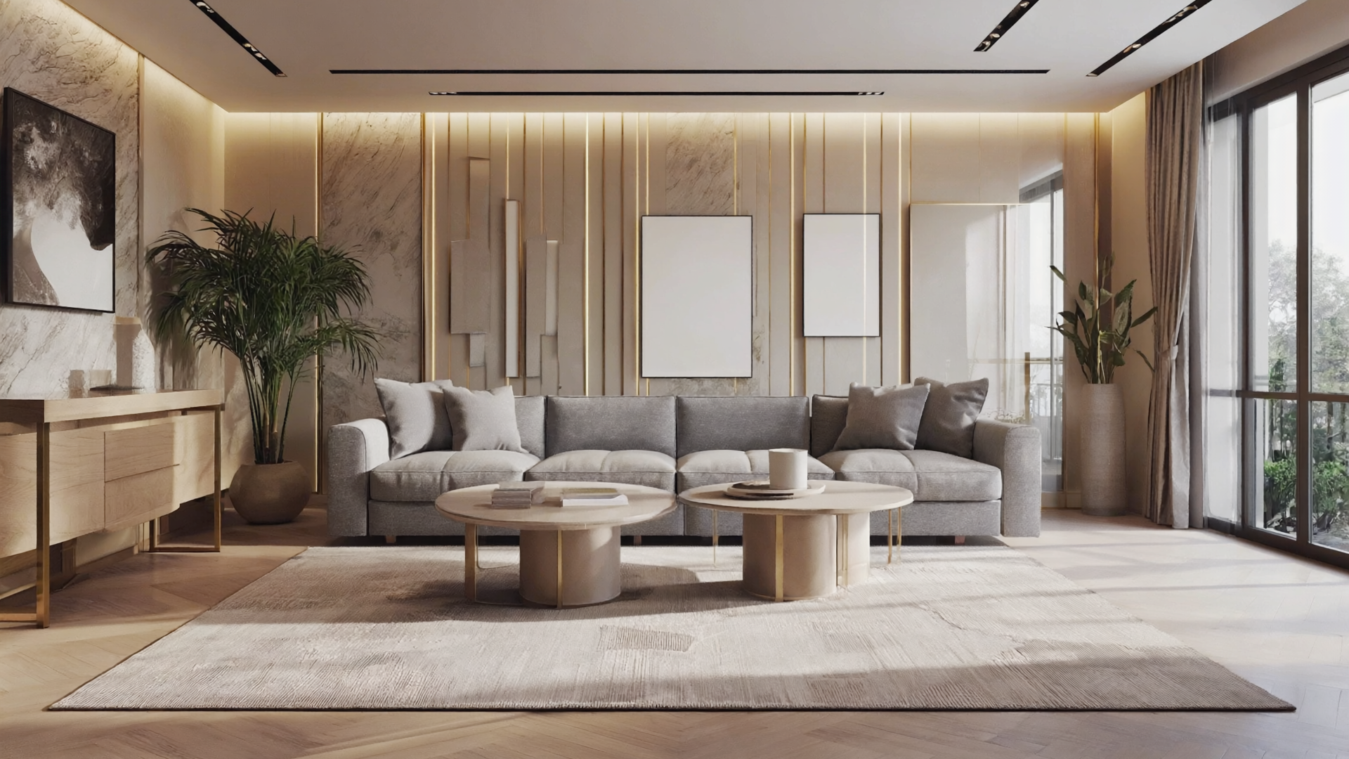 Beige area rug styled with a grey couch in a modern Manila condo living room.