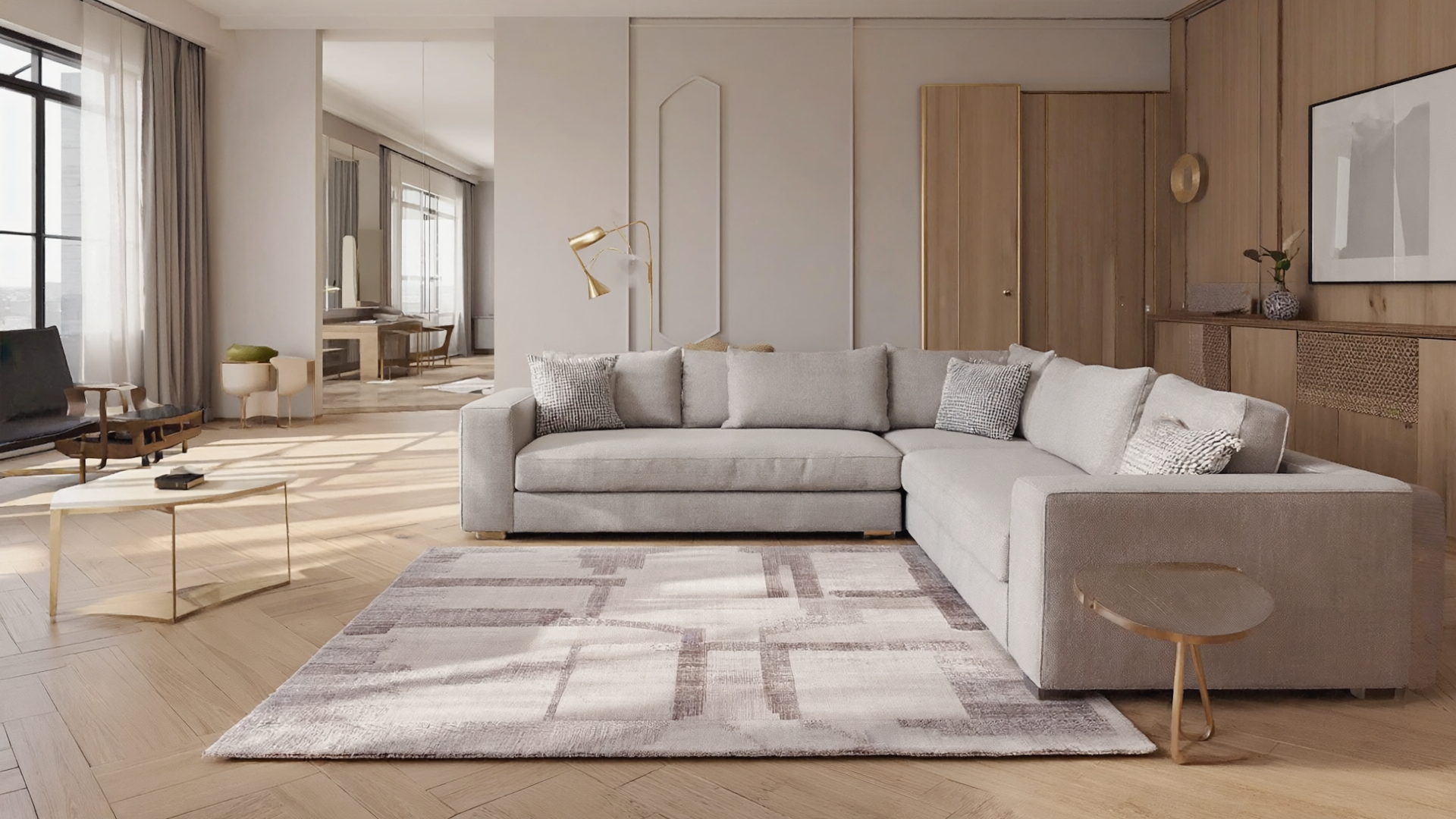 Minimalist neutral rug in a clean, modern living room.