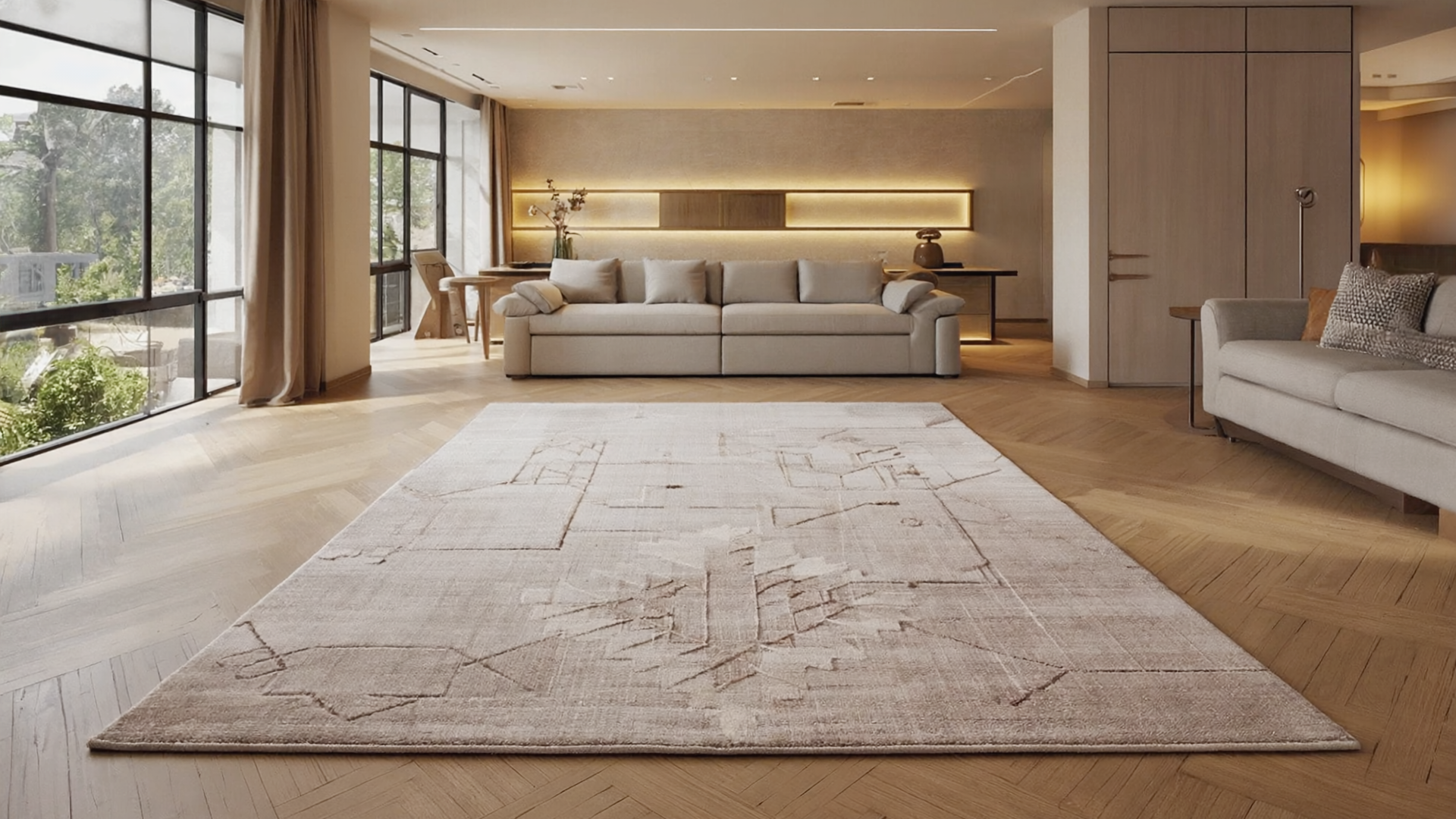 Neutral area rug styled in a minimalist Filipino living room.