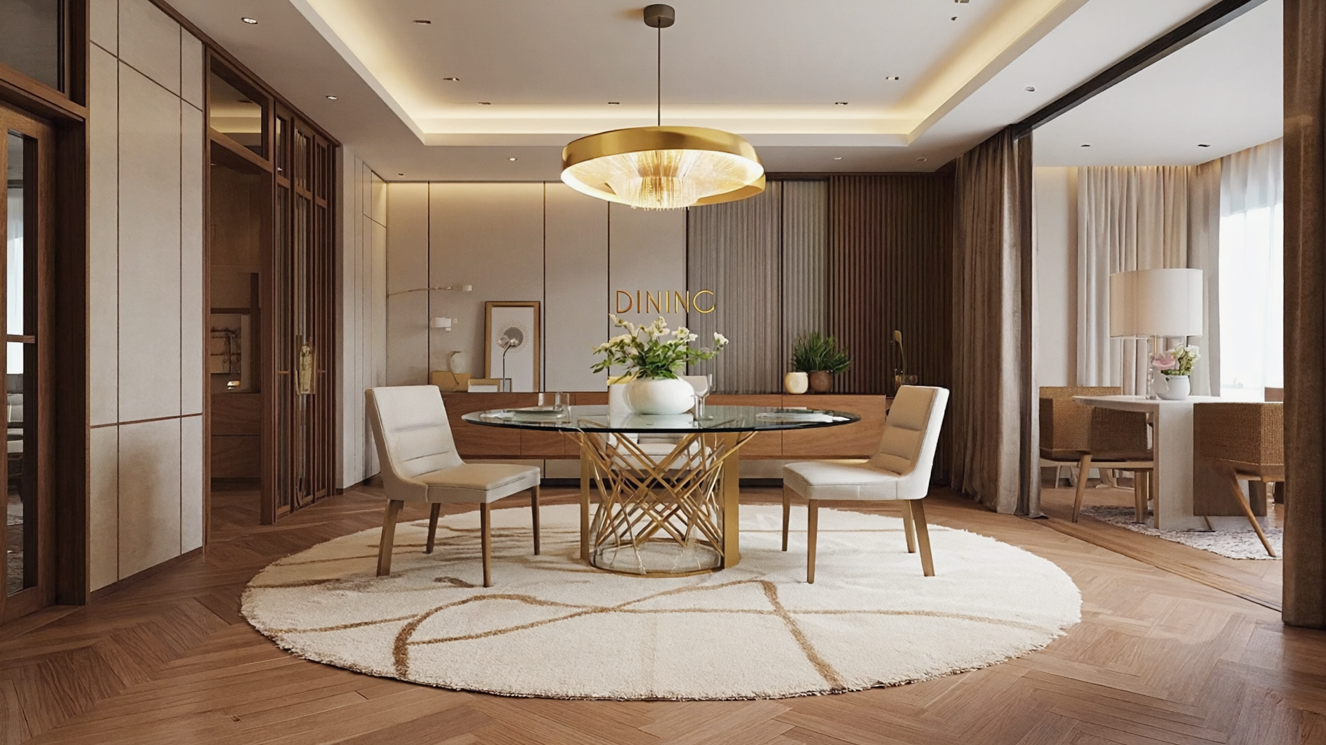 Dining room rug styled under a modern table in a Filipino home.