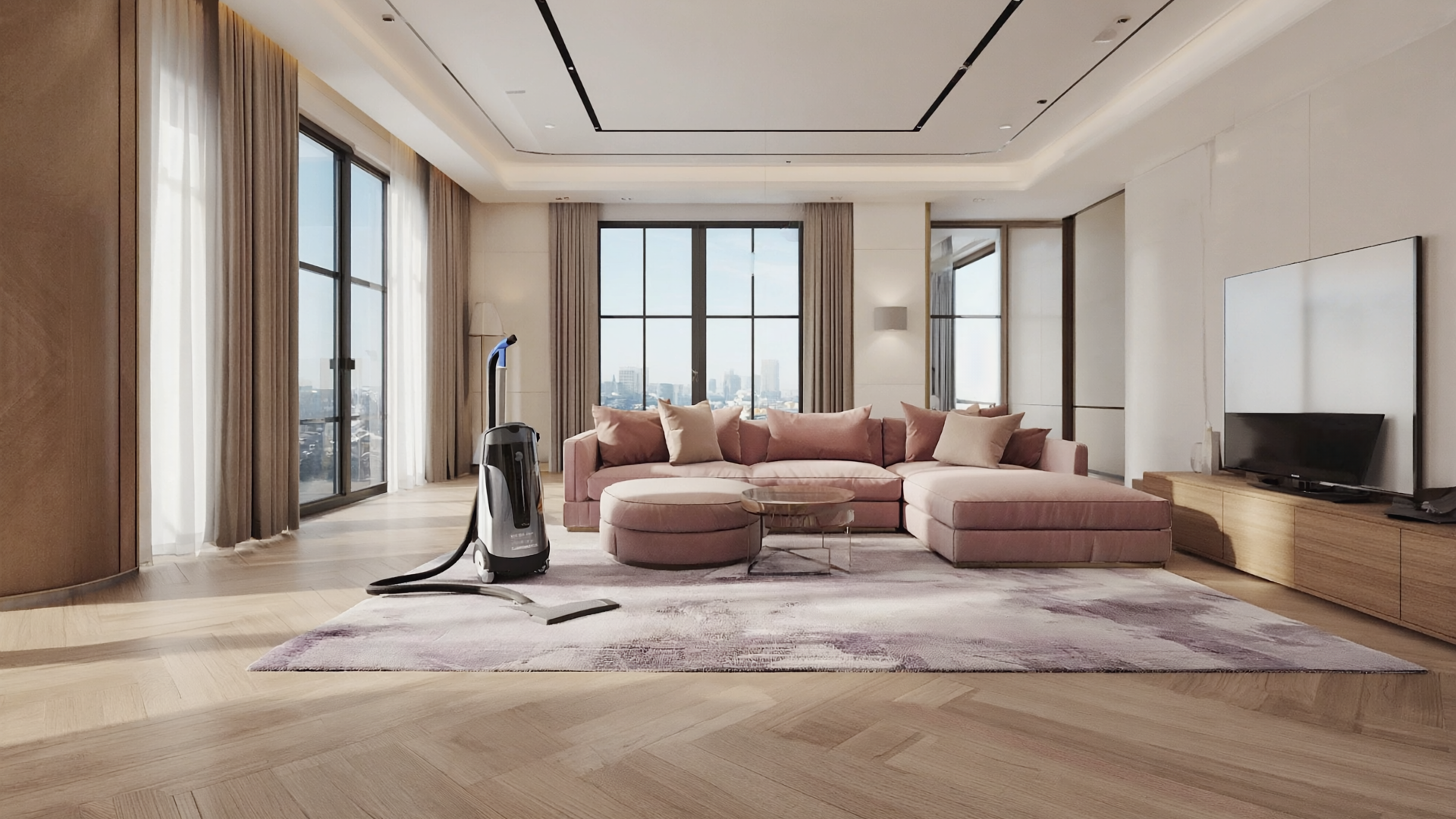 Low-pile easy-to-clean rug in a bright modern living room.