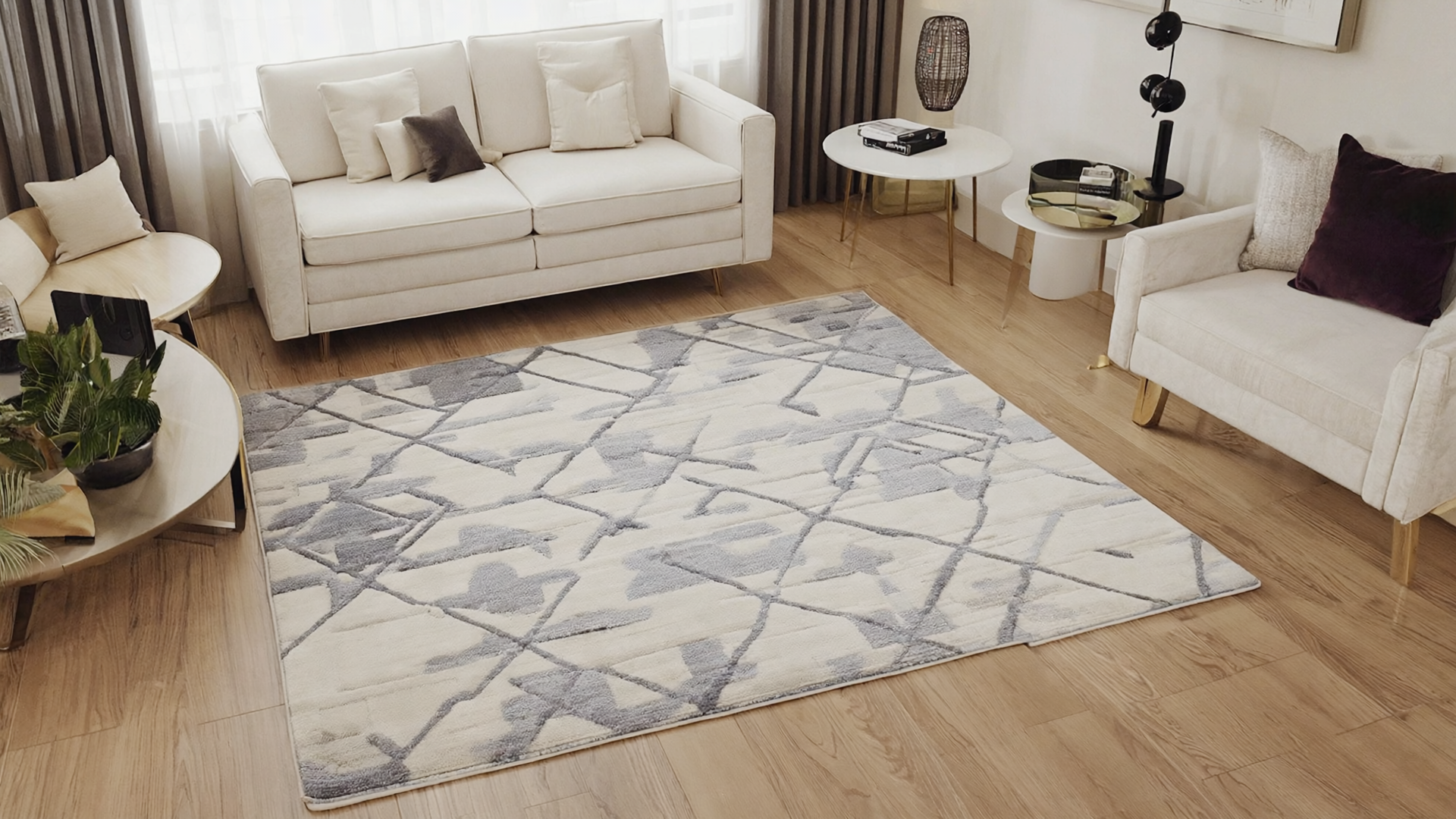 Geometric rug in a contemporary modern living room.