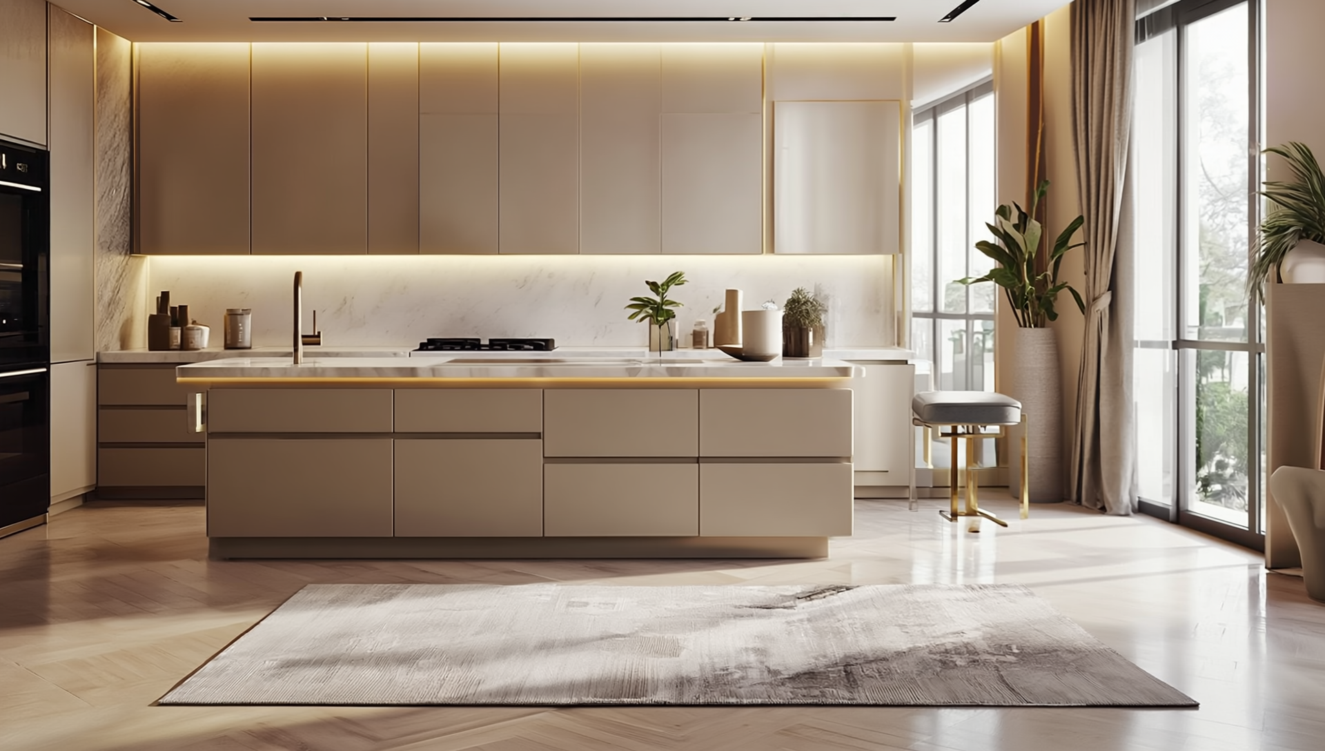 Washable runner rug in a modern minimalist kitchen with tiled flooring.